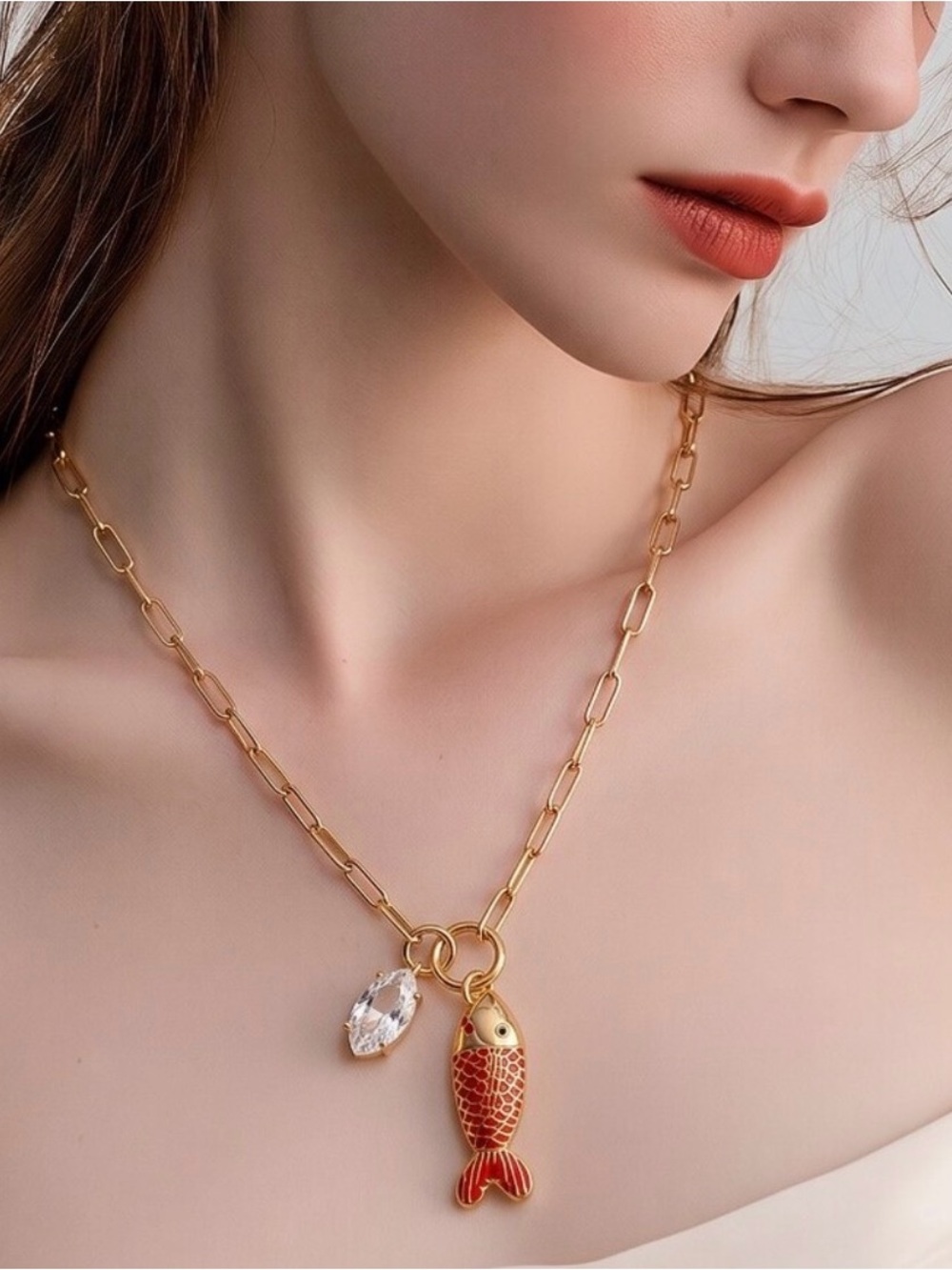 24k Gold Plated Necklace with Red Fish Charm and Crystal Pendant MAYAMAR New